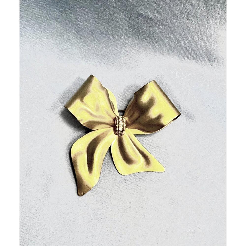 Vintage Gold Satin Tone Rhinestone Bow Brooch